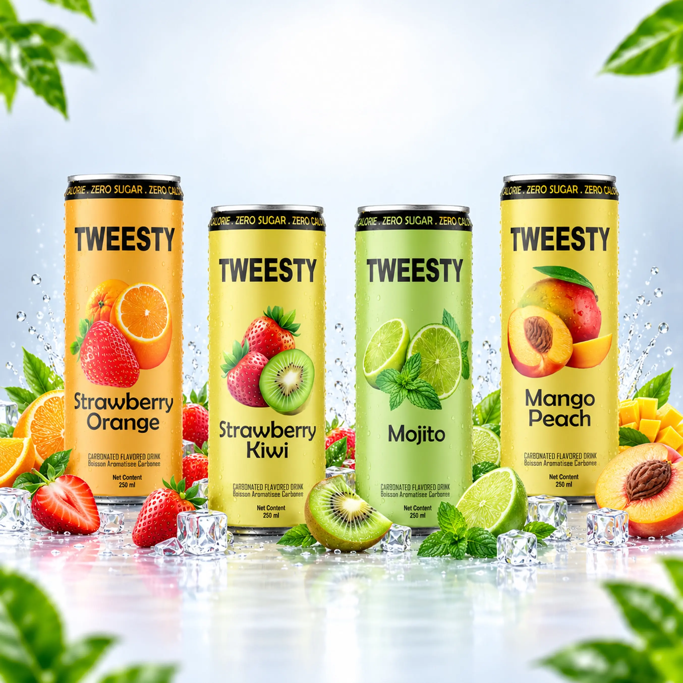 Tweesty 250 ml cans in Strawberry Orange, Strawberry Kiwi, Mojito and Mango Peach flavours with fruit and ice.